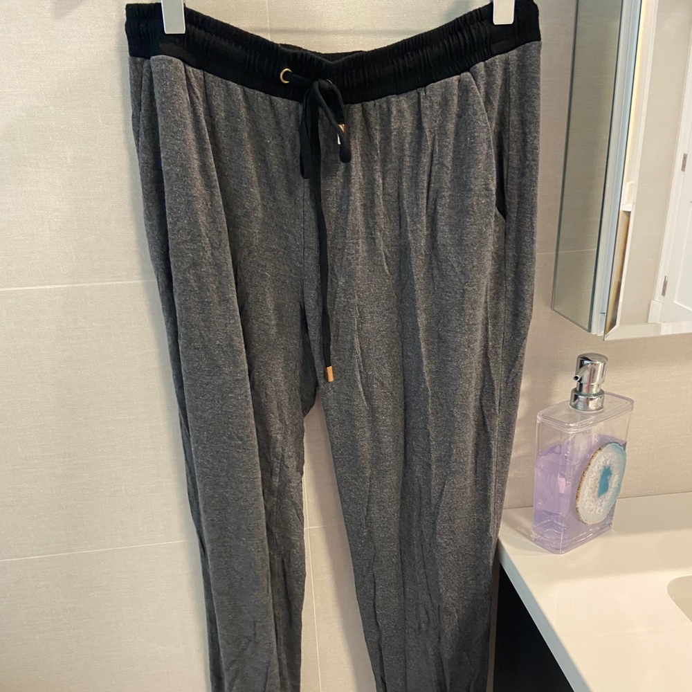 Gray sweatpants with black waistband